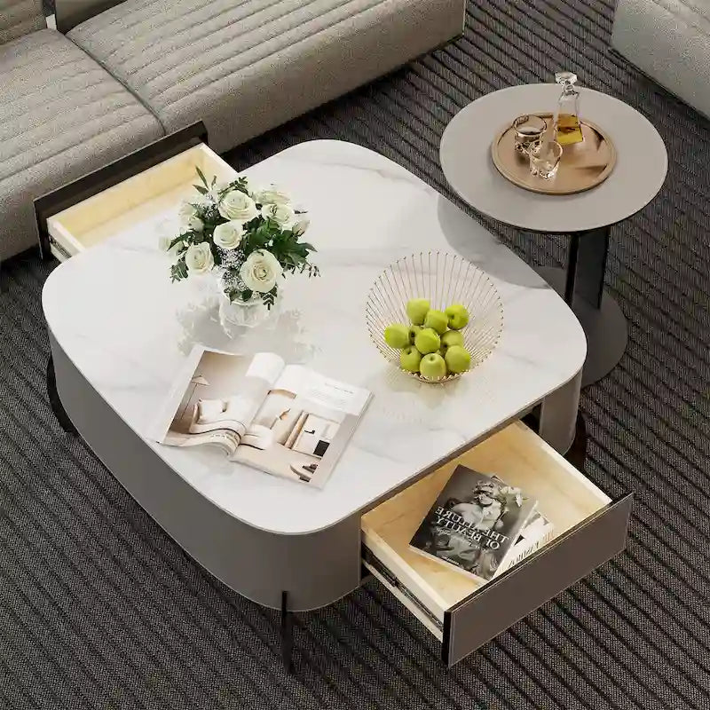 Table basse en pierre frittée blanche et marron de selle avec 2 tiroirs, carrée/ronde