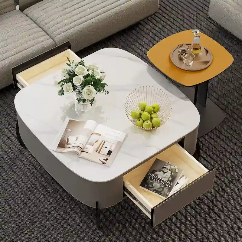 Table basse en pierre frittée blanche et marron de selle avec 2 tiroirs, carrée/ronde