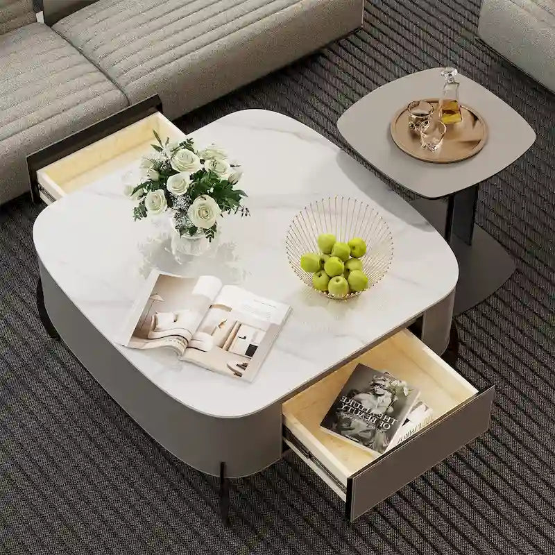 Table basse en pierre frittée blanche et marron de selle avec 2 tiroirs, carrée/ronde
