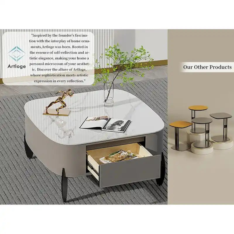 Table basse en pierre frittée blanche et marron de selle avec 2 tiroirs, carrée/ronde
