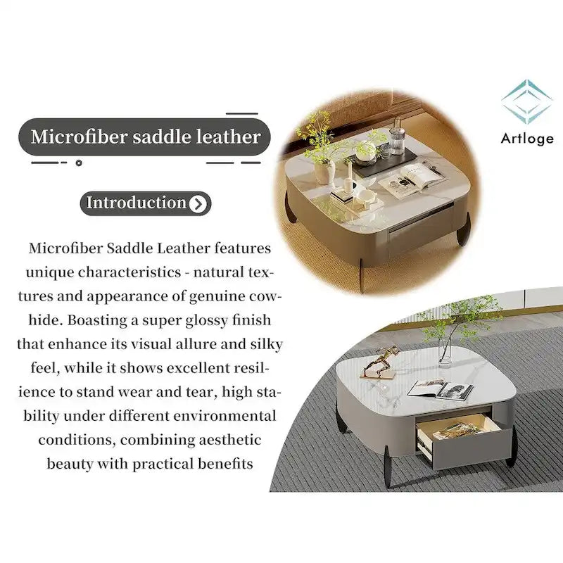 Table basse en pierre frittée blanche et marron de selle avec 2 tiroirs, carrée/ronde