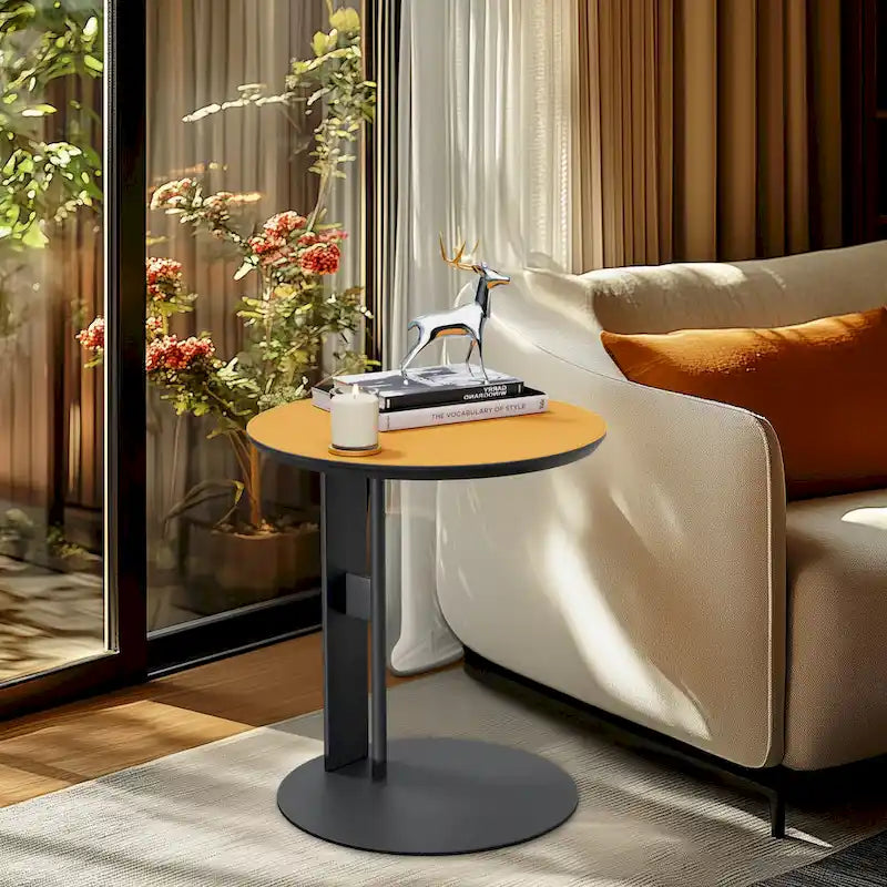 Table basse en pierre frittée blanche et marron de selle avec 2 tiroirs, carrée/ronde