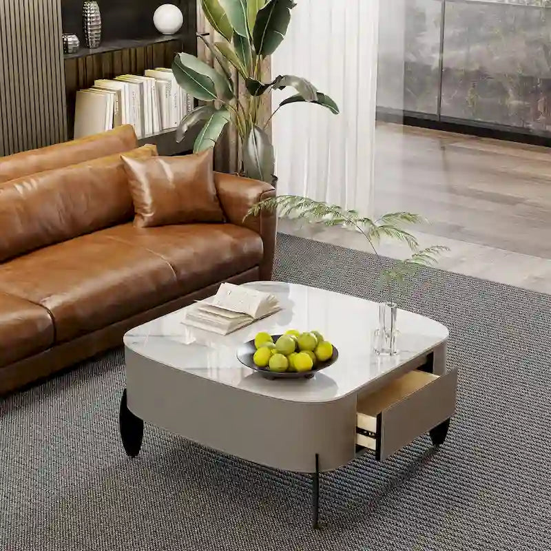 Table basse en pierre frittée blanche et marron de selle avec 2 tiroirs, carrée/ronde