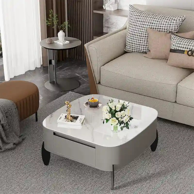 Table basse en pierre frittée blanche et marron de selle avec 2 tiroirs, carrée/ronde