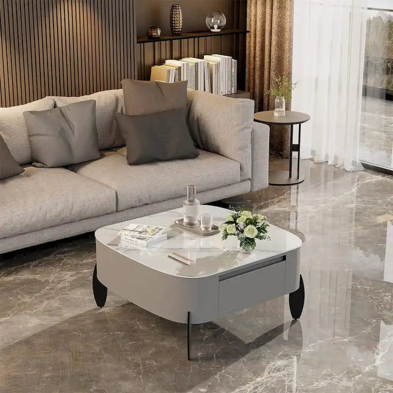 Table basse en pierre frittée blanche et marron de selle avec 2 tiroirs, carrée/ronde