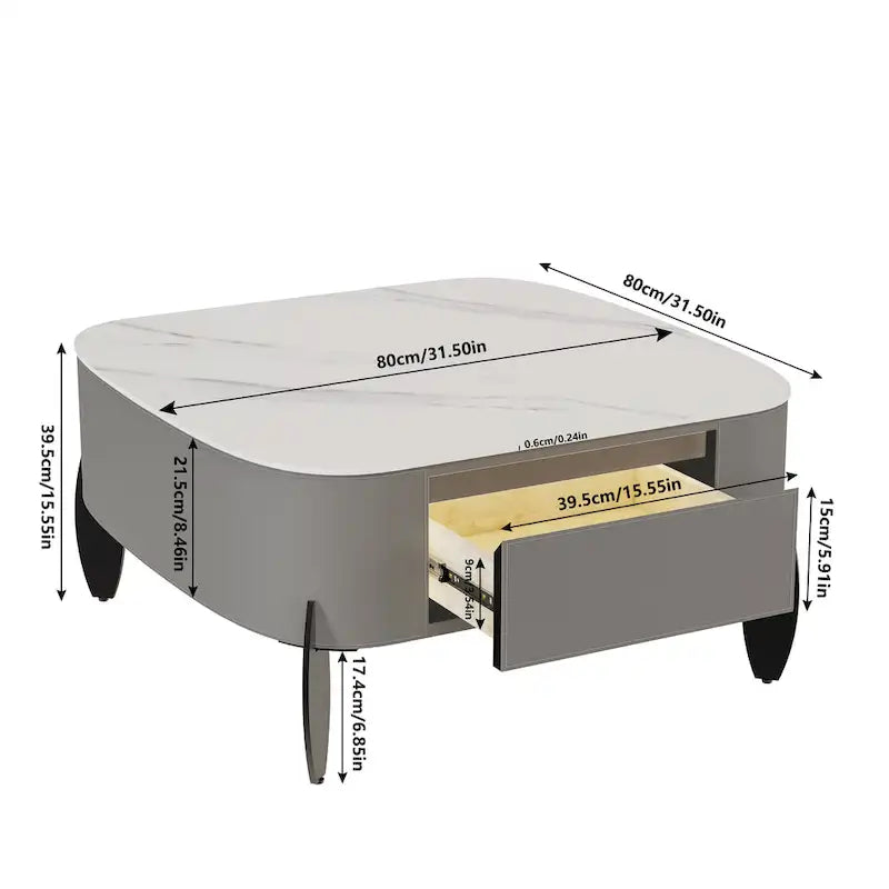 Table basse en pierre frittée blanche et marron de selle avec 2 tiroirs, carrée/ronde