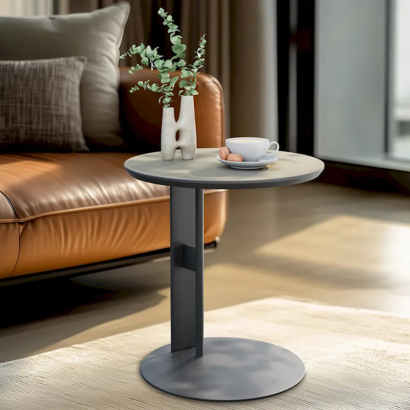 Table basse en pierre frittée blanche et marron de selle avec 2 tiroirs, carrée/ronde