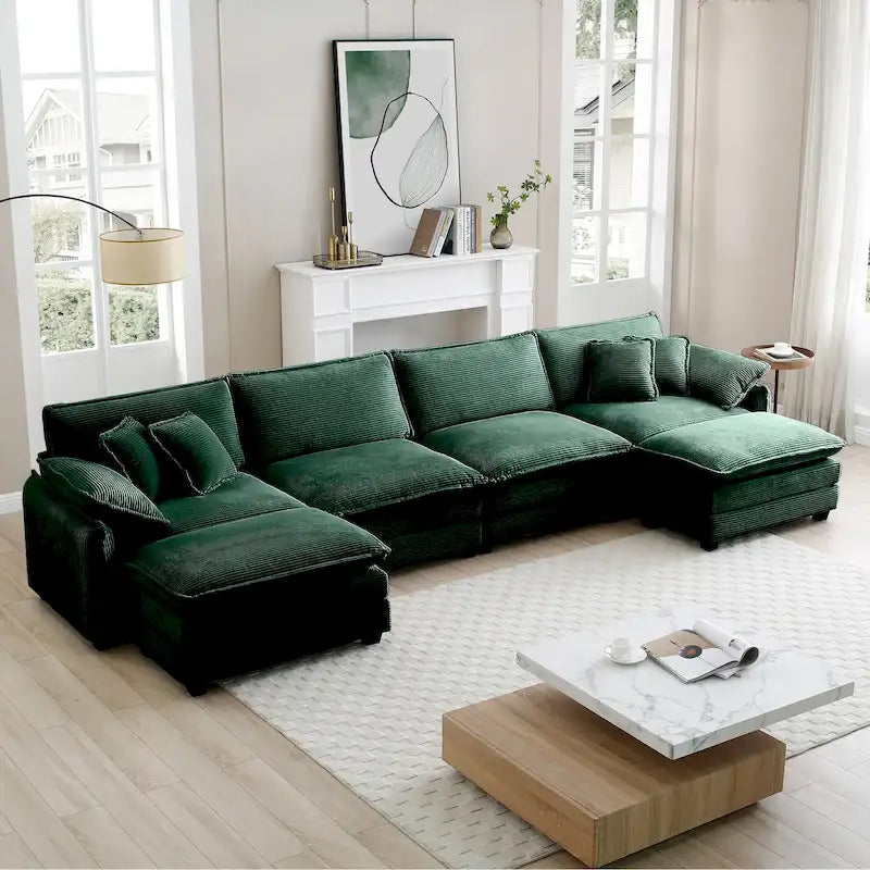 Canapé d'angle modulaire en velours côtelé en U, 6 places, vert / beige / sable / gris, avec ottoman