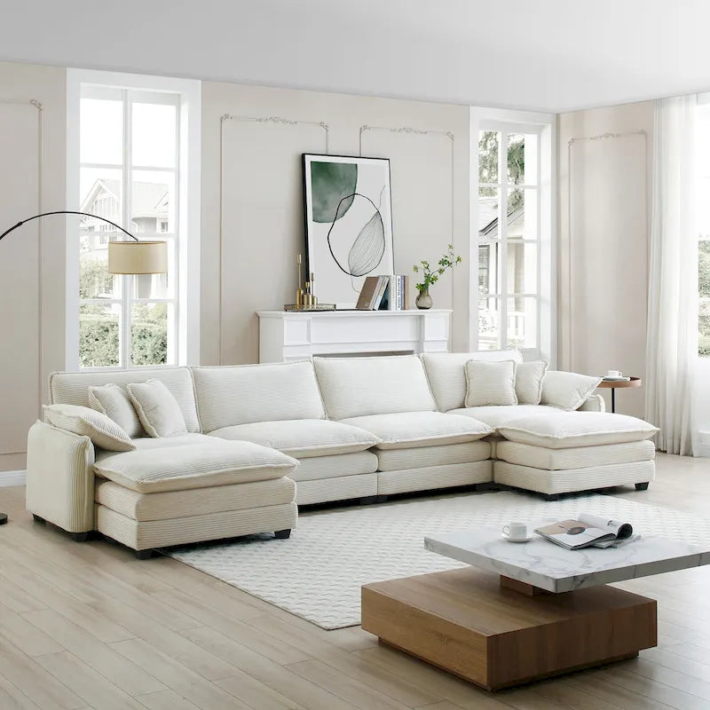Canapé d'angle modulaire en velours côtelé en U, 6 places, vert / beige / sable / gris, avec ottoman