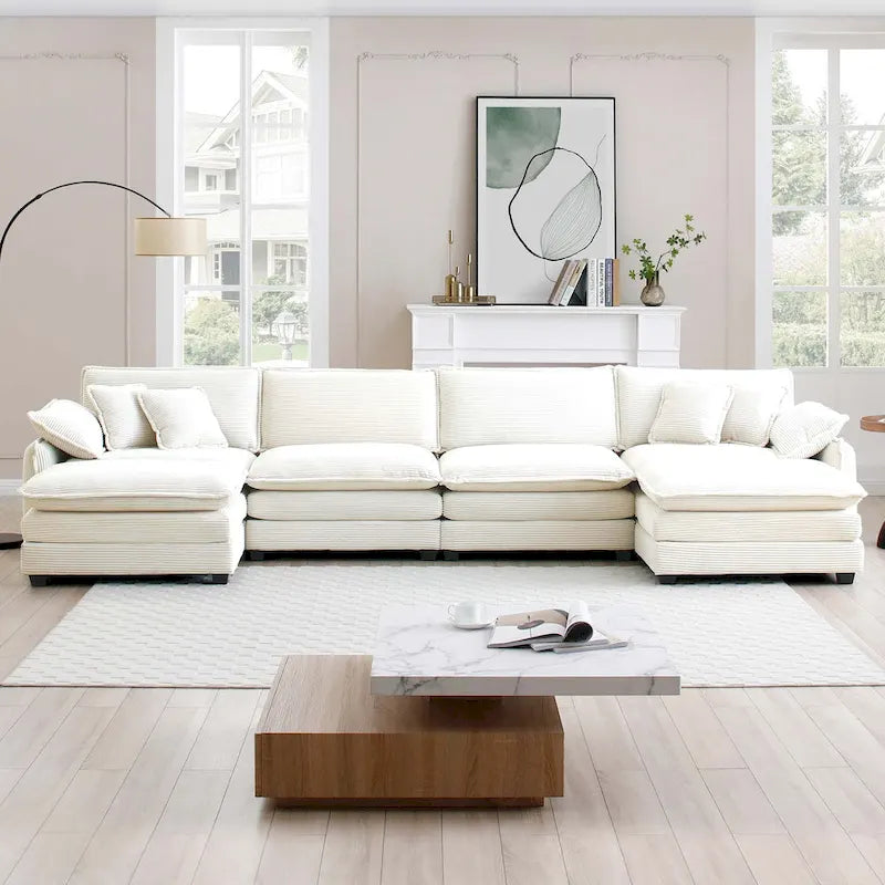 Canapé d'angle modulaire en velours côtelé en U, 6 places, vert / beige / sable / gris, avec ottoman