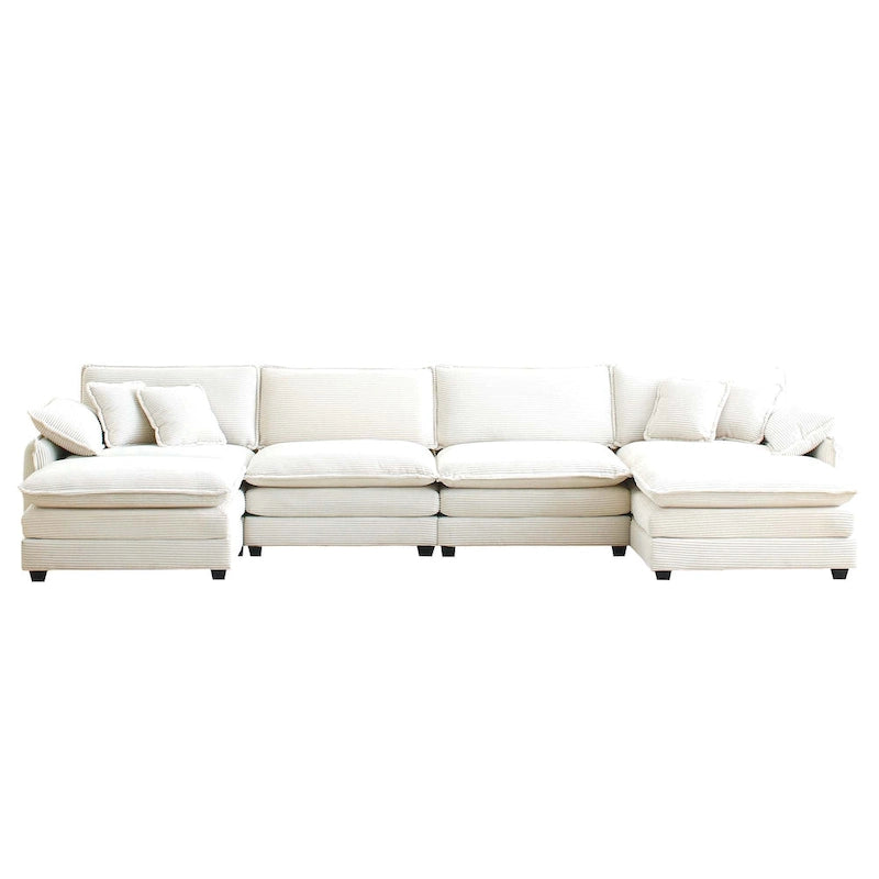 Canapé d'angle modulaire en velours côtelé en U, 6 places, vert / beige / sable / gris, avec ottoman