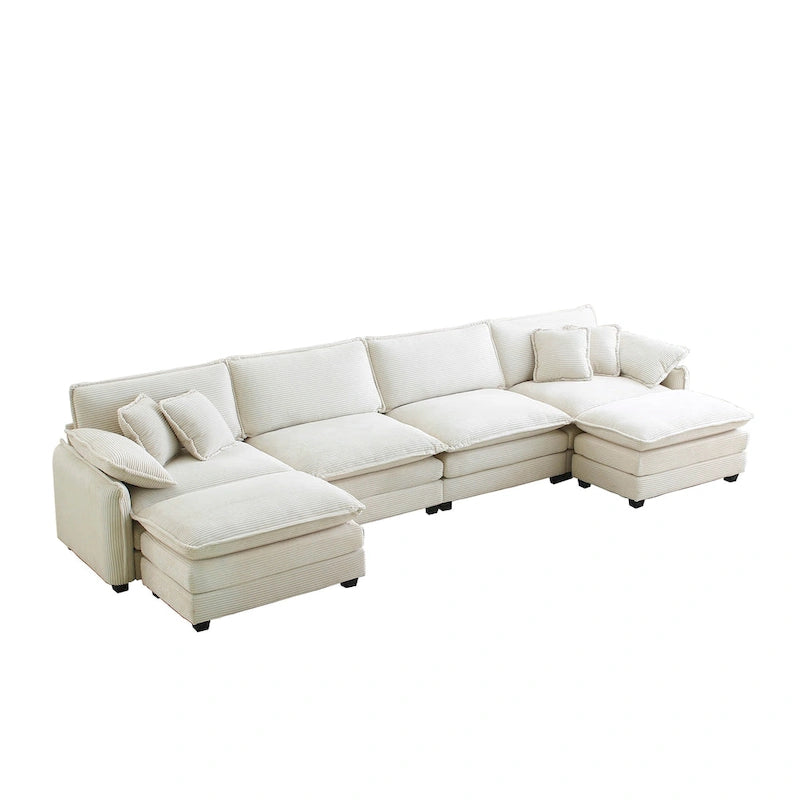 Canapé d'angle modulaire en velours côtelé en U, 6 places, vert / beige / sable / gris, avec ottoman