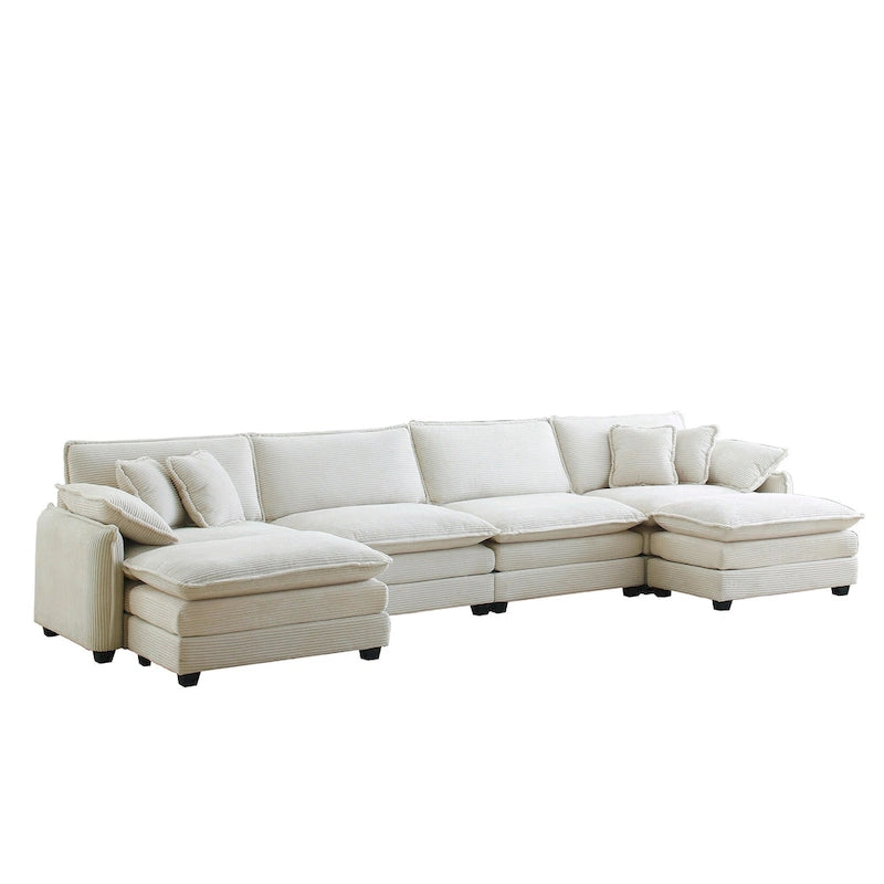 Canapé d'angle modulaire en velours côtelé en U, 6 places, vert / beige / sable / gris, avec ottoman