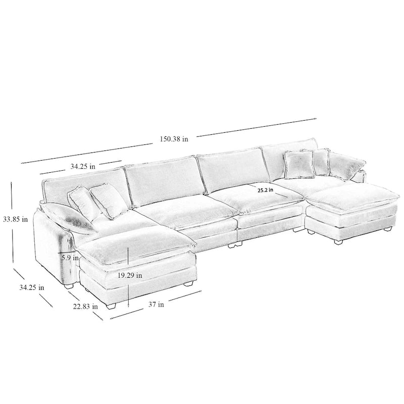 Canapé d'angle modulaire en velours côtelé en U, 6 places, vert / beige / sable / gris, avec ottoman