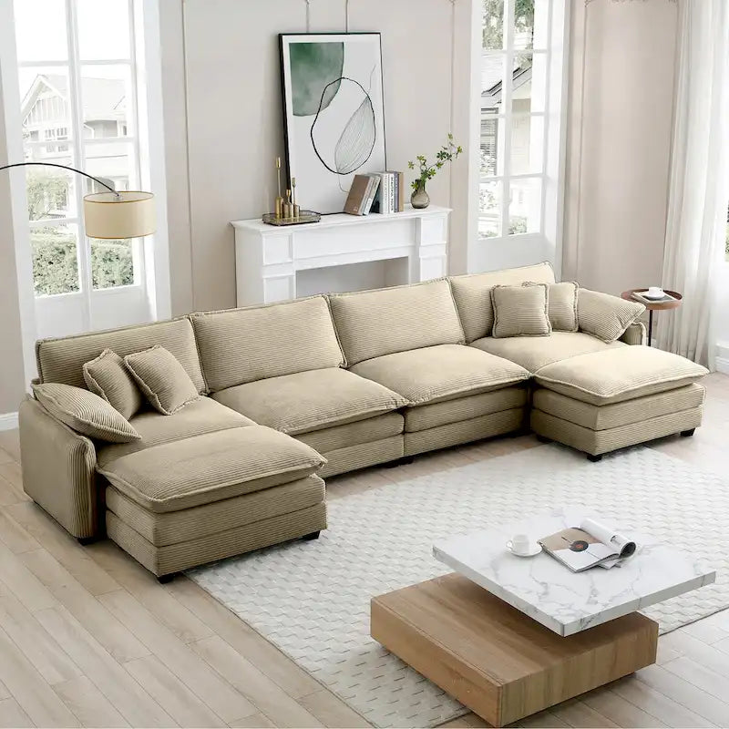 Canapé d'angle modulaire en velours côtelé en U, 6 places, vert / beige / sable / gris, avec ottoman