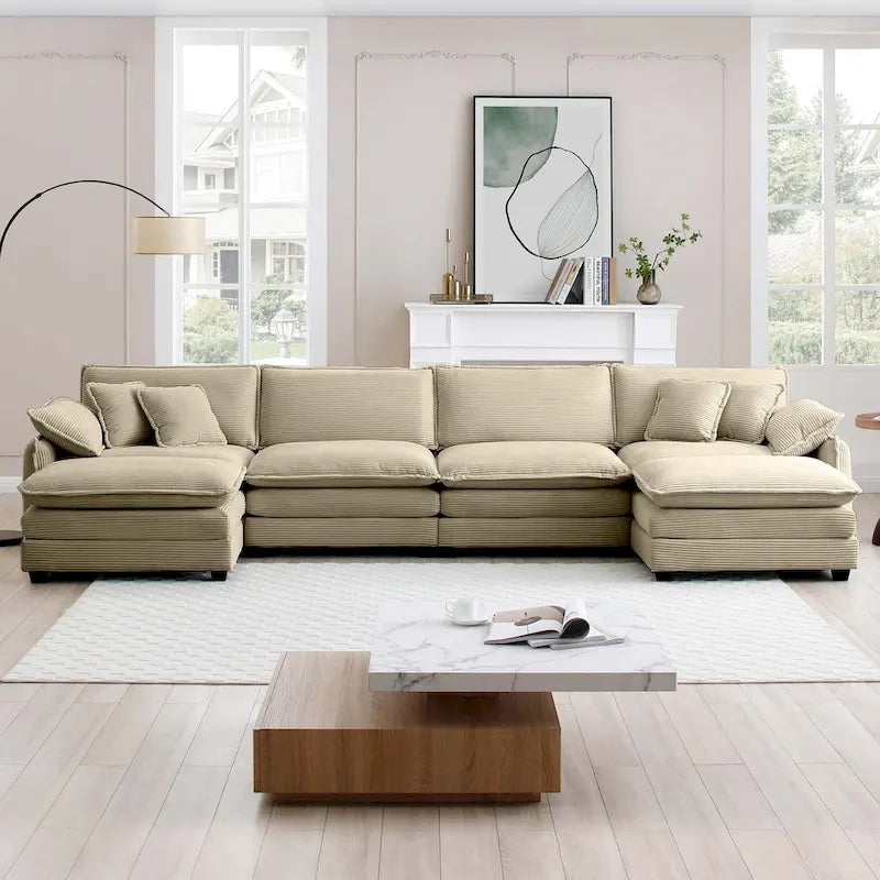 Canapé d'angle modulaire en velours côtelé en U, 6 places, vert / beige / sable / gris, avec ottoman