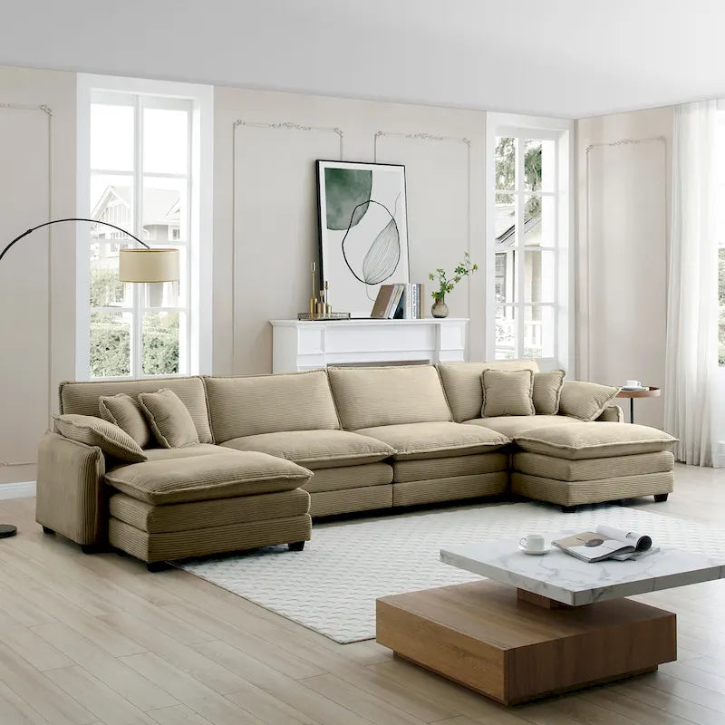Canapé d'angle modulaire en velours côtelé en U, 6 places, vert / beige / sable / gris, avec ottoman