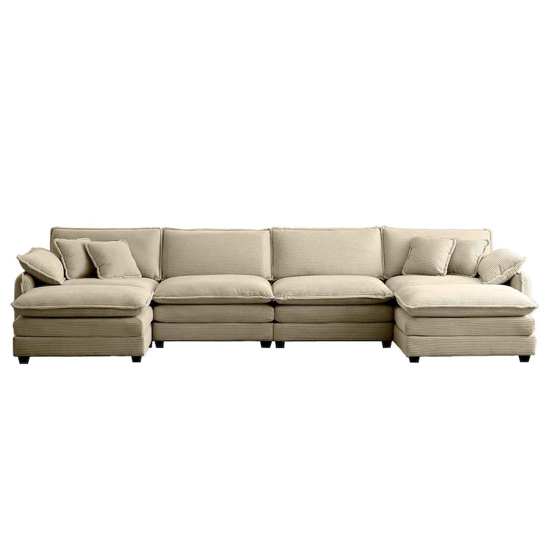 Canapé d'angle modulaire en velours côtelé en U, 6 places, vert / beige / sable / gris, avec ottoman