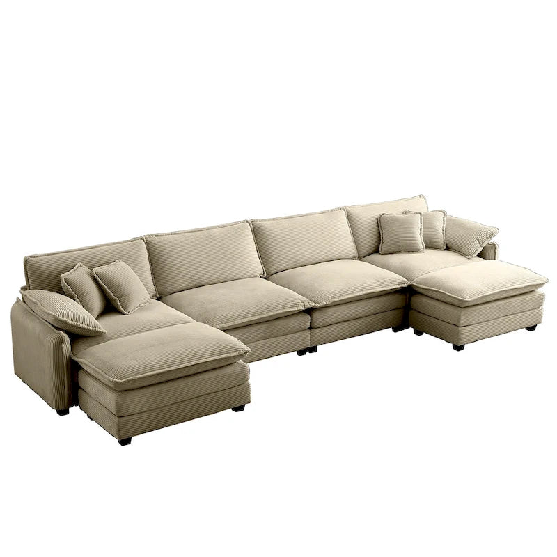 Canapé d'angle modulaire en velours côtelé en U, 6 places, vert / beige / sable / gris, avec ottoman