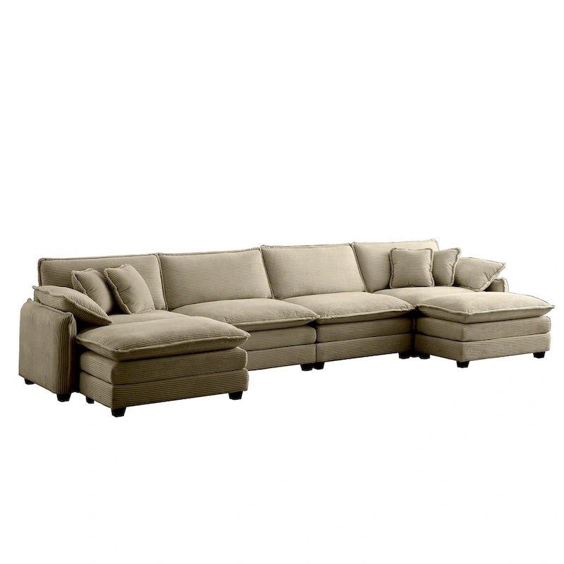 Canapé d'angle modulaire en velours côtelé en U, 6 places, vert / beige / sable / gris, avec ottoman