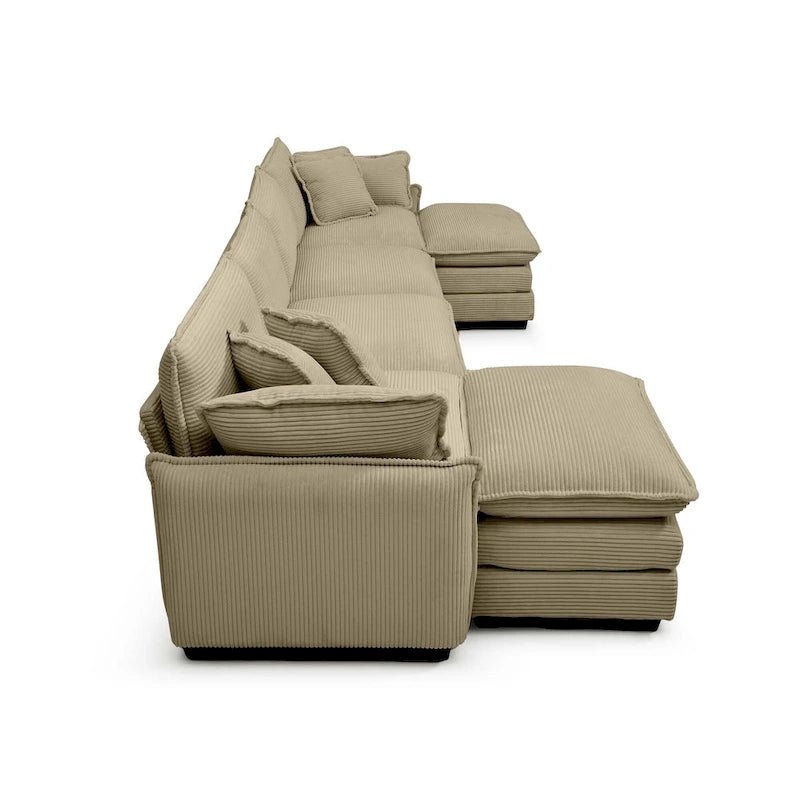 Canapé d'angle modulaire en velours côtelé en U, 6 places, vert / beige / sable / gris, avec ottoman