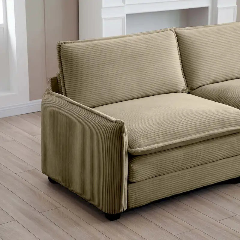 Canapé d'angle modulaire en velours côtelé en U, 6 places, vert / beige / sable / gris, avec ottoman