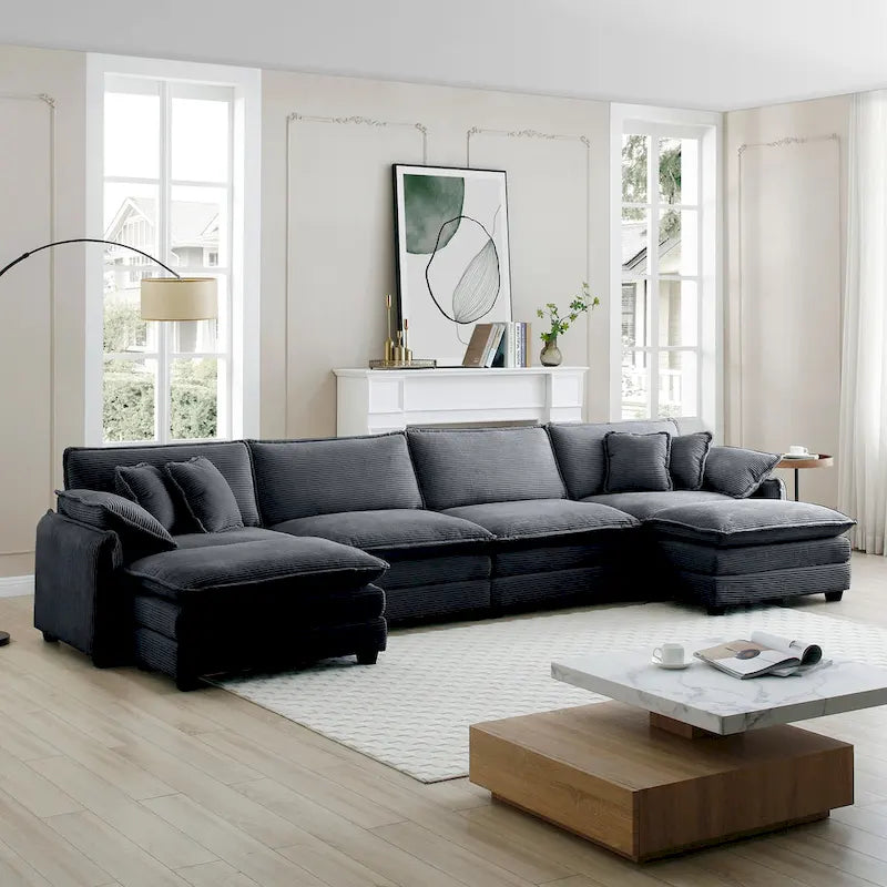 Canapé d'angle modulaire en velours côtelé en U, 6 places, vert / beige / sable / gris, avec ottoman