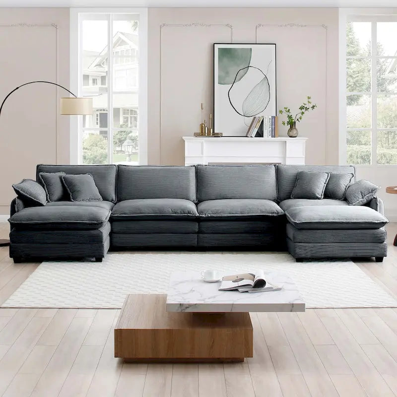 Canapé d'angle modulaire en velours côtelé en U, 6 places, vert / beige / sable / gris, avec ottoman