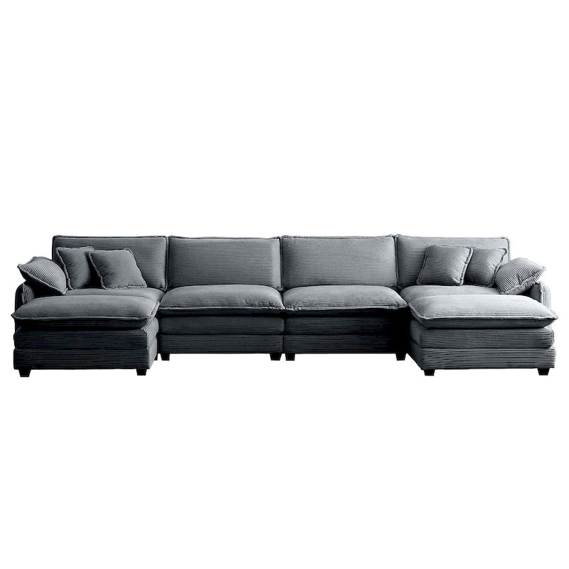 Canapé d'angle modulaire en velours côtelé en U, 6 places, vert / beige / sable / gris, avec ottoman