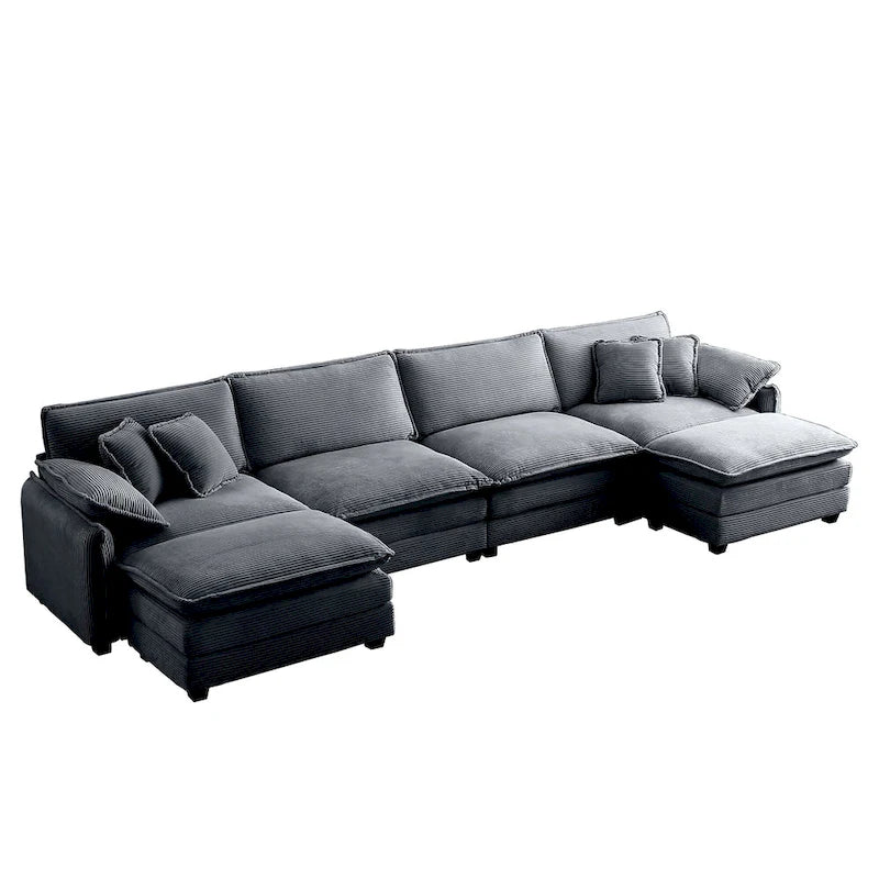 Canapé d'angle modulaire en velours côtelé en U, 6 places, vert / beige / sable / gris, avec ottoman