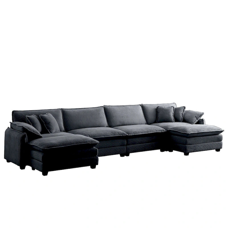 Canapé d'angle modulaire en velours côtelé en U, 6 places, vert / beige / sable / gris, avec ottoman