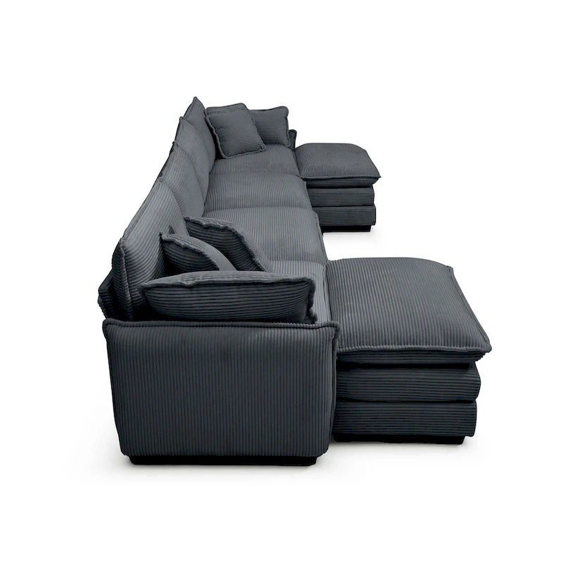 Canapé d'angle modulaire en velours côtelé en U, 6 places, vert / beige / sable / gris, avec ottoman