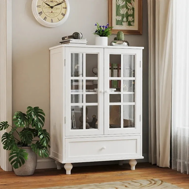 Buffet blanc avec double portes vitrées et tiroir, Meuble de rangement en MDF pour salon/couloir