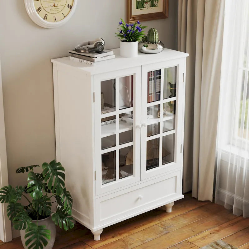 Buffet blanc avec double portes vitrées et tiroir, Meuble de rangement en MDF pour salon/couloir