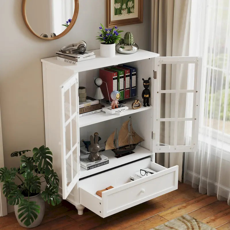 Buffet blanc avec double portes vitrées et tiroir, Meuble de rangement en MDF pour salon/couloir