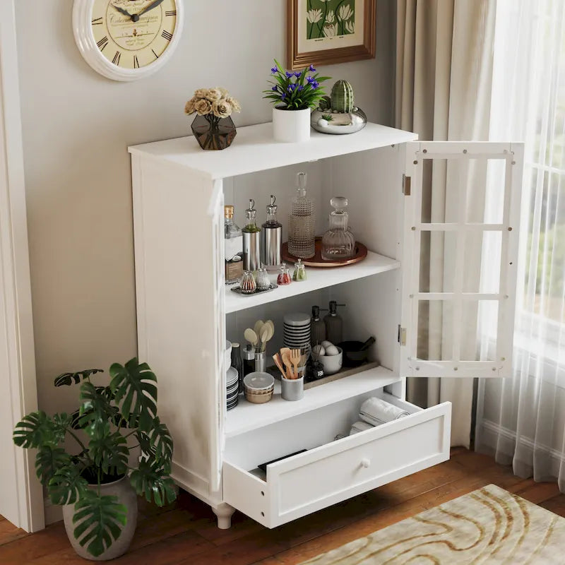Buffet blanc avec double portes vitrées et tiroir, Meuble de rangement en MDF pour salon/couloir