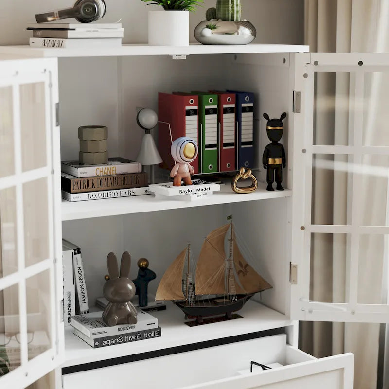 Buffet blanc avec double portes vitrées et tiroir, Meuble de rangement en MDF pour salon/couloir