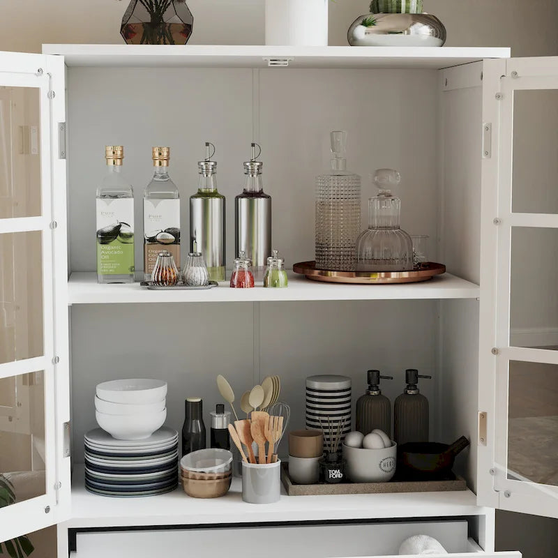 Buffet blanc avec double portes vitrées et tiroir, Meuble de rangement en MDF pour salon/couloir