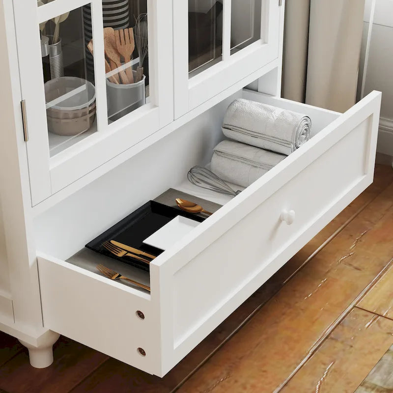 Buffet blanc avec double portes vitrées et tiroir, Meuble de rangement en MDF pour salon/couloir