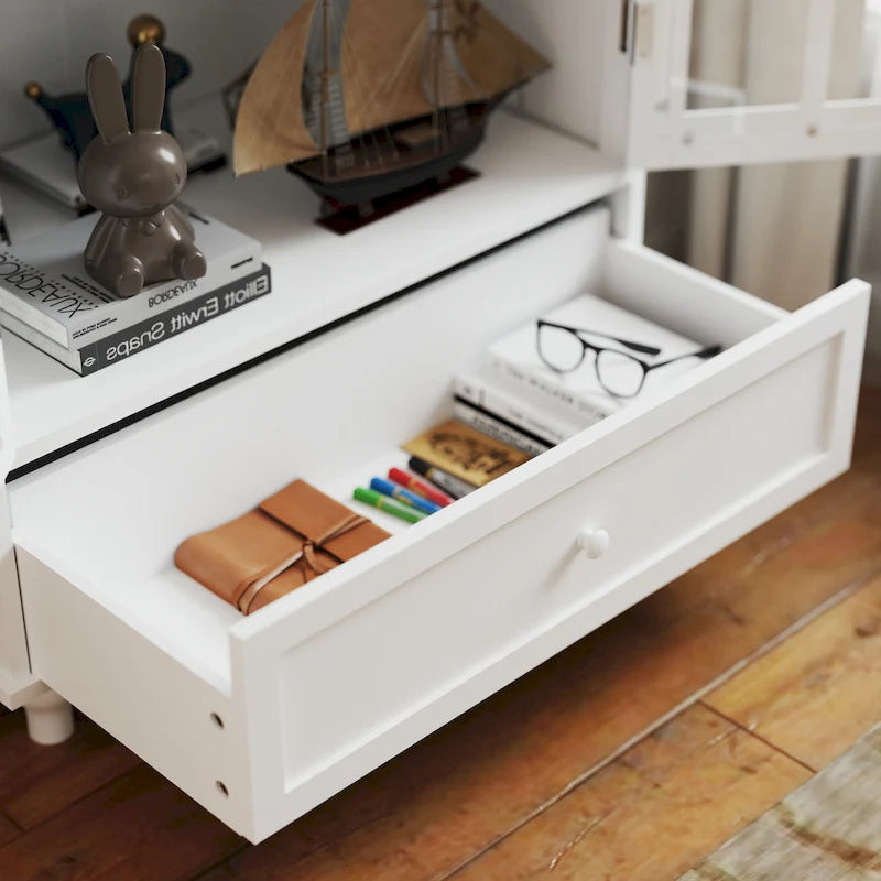 Buffet blanc avec double portes vitrées et tiroir, Meuble de rangement en MDF pour salon/couloir