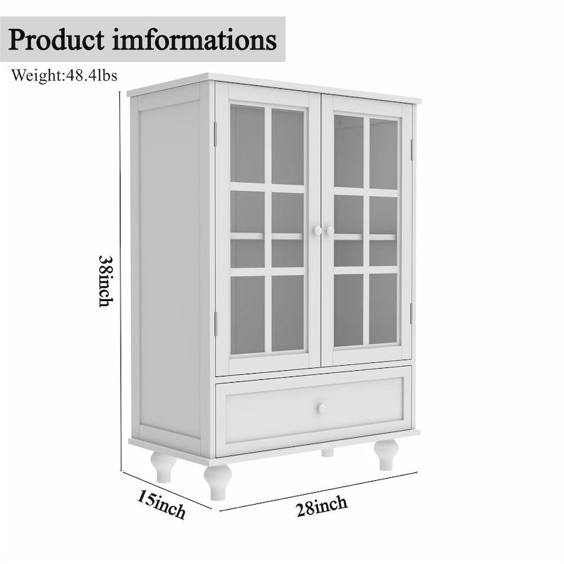 Buffet blanc avec double portes vitrées et tiroir, Meuble de rangement en MDF pour salon/couloir