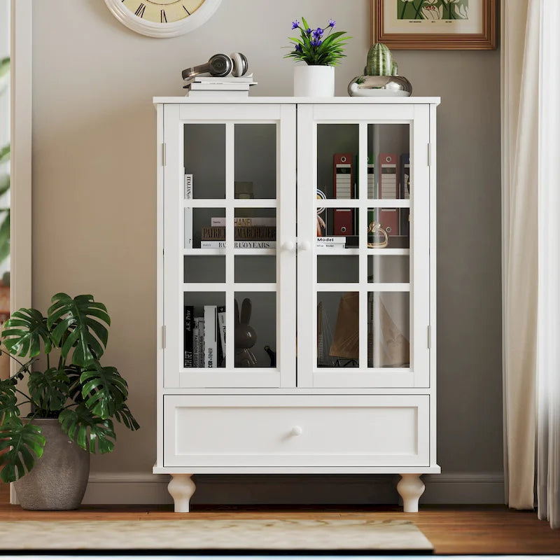 Buffet blanc avec double portes vitrées et tiroir, Meuble de rangement en MDF pour salon/couloir