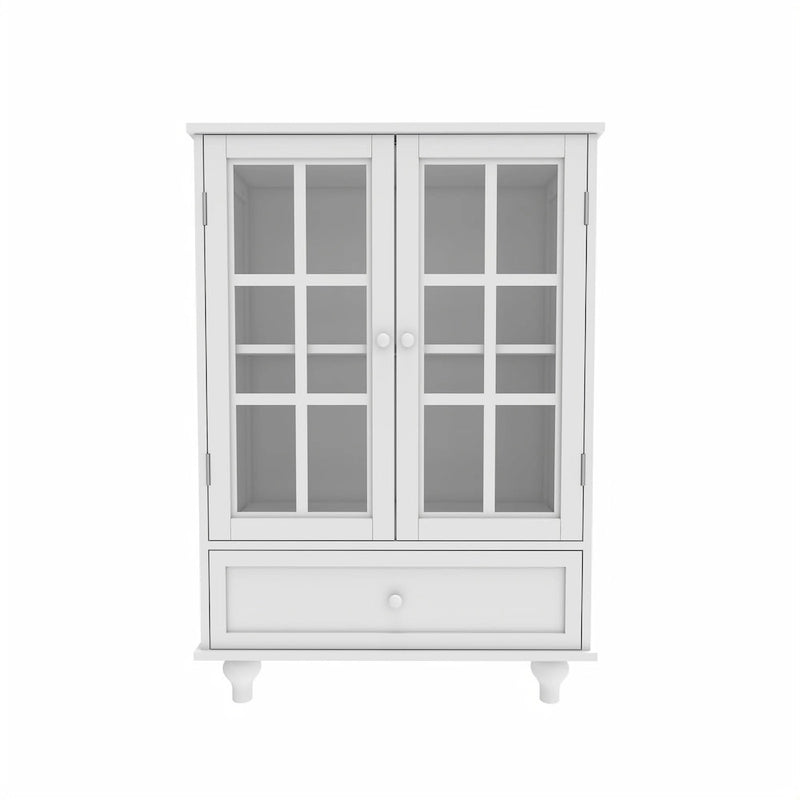 Buffet blanc avec double portes vitrées et tiroir, Meuble de rangement en MDF pour salon/couloir