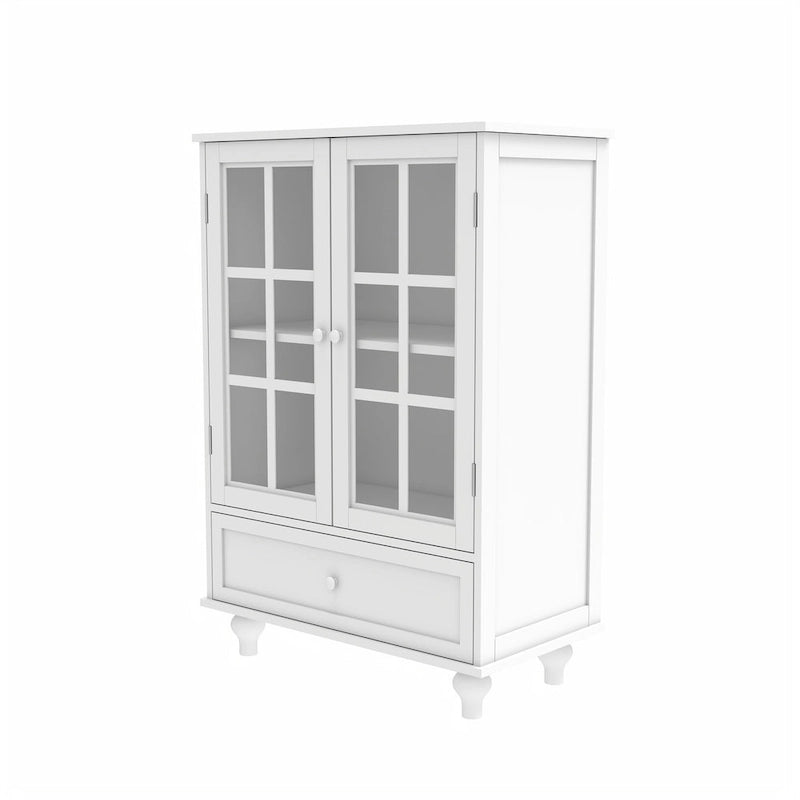 Buffet blanc avec double portes vitrées et tiroir, Meuble de rangement en MDF pour salon/couloir