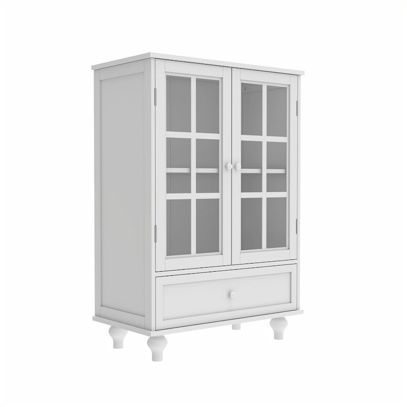 Buffet blanc avec double portes vitrées et tiroir, Meuble de rangement en MDF pour salon/couloir