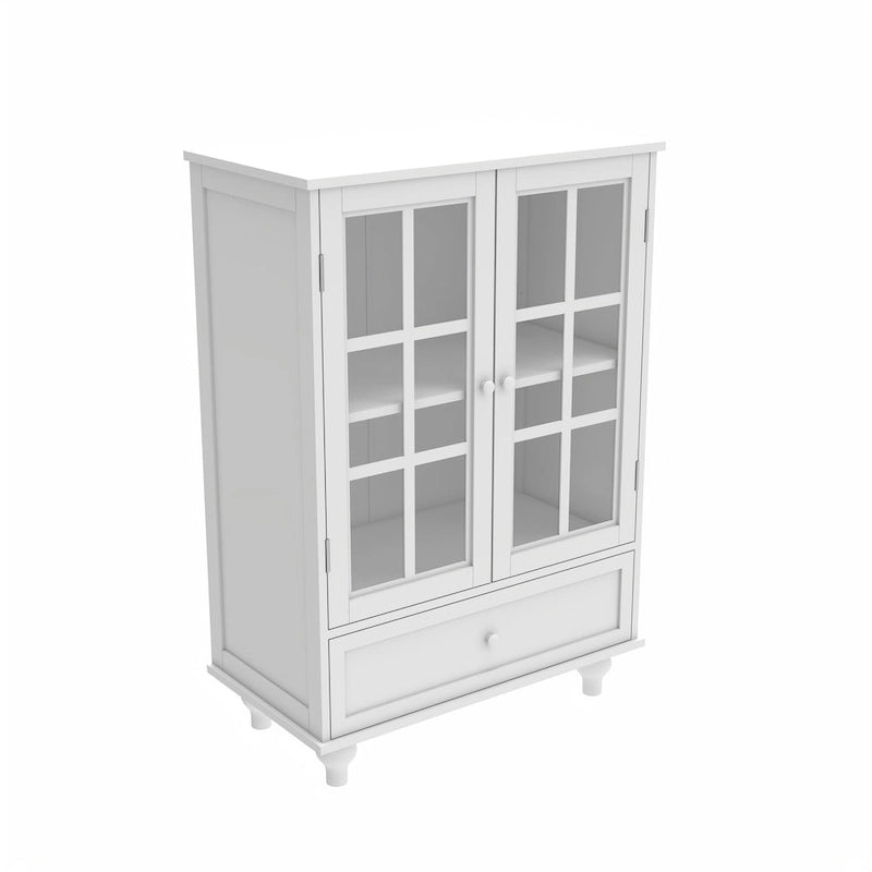 Buffet blanc avec double portes vitrées et tiroir, Meuble de rangement en MDF pour salon/couloir