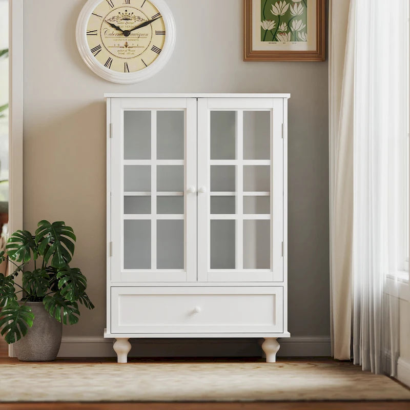 Buffet blanc avec double portes vitrées et tiroir, Meuble de rangement en MDF pour salon/couloir