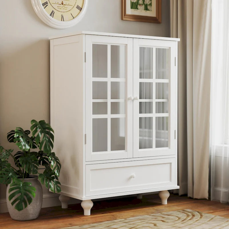 Buffet blanc avec double portes vitrées et tiroir, Meuble de rangement en MDF pour salon/couloir