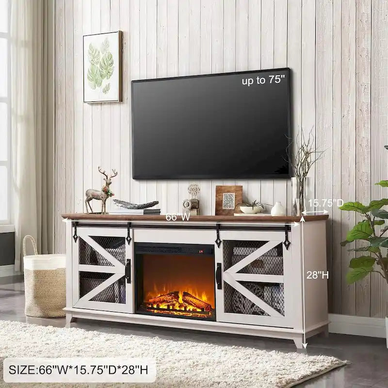 Meuble TV avec cheminée électrique et portes coulissantes style grange, style ferme, convient aux téléviseurs jusqu'à 66 pouces
