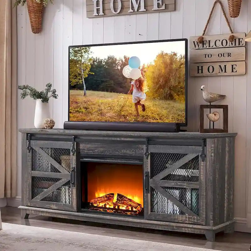 Meuble TV avec cheminée électrique et portes coulissantes style grange, style ferme, convient aux téléviseurs jusqu'à 66 pouces